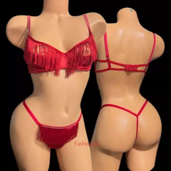 Victoria’s Secret Luxe Set Very Sexy Set Tassel Push Up bra XL & V string L Red - Picture 1 of 3